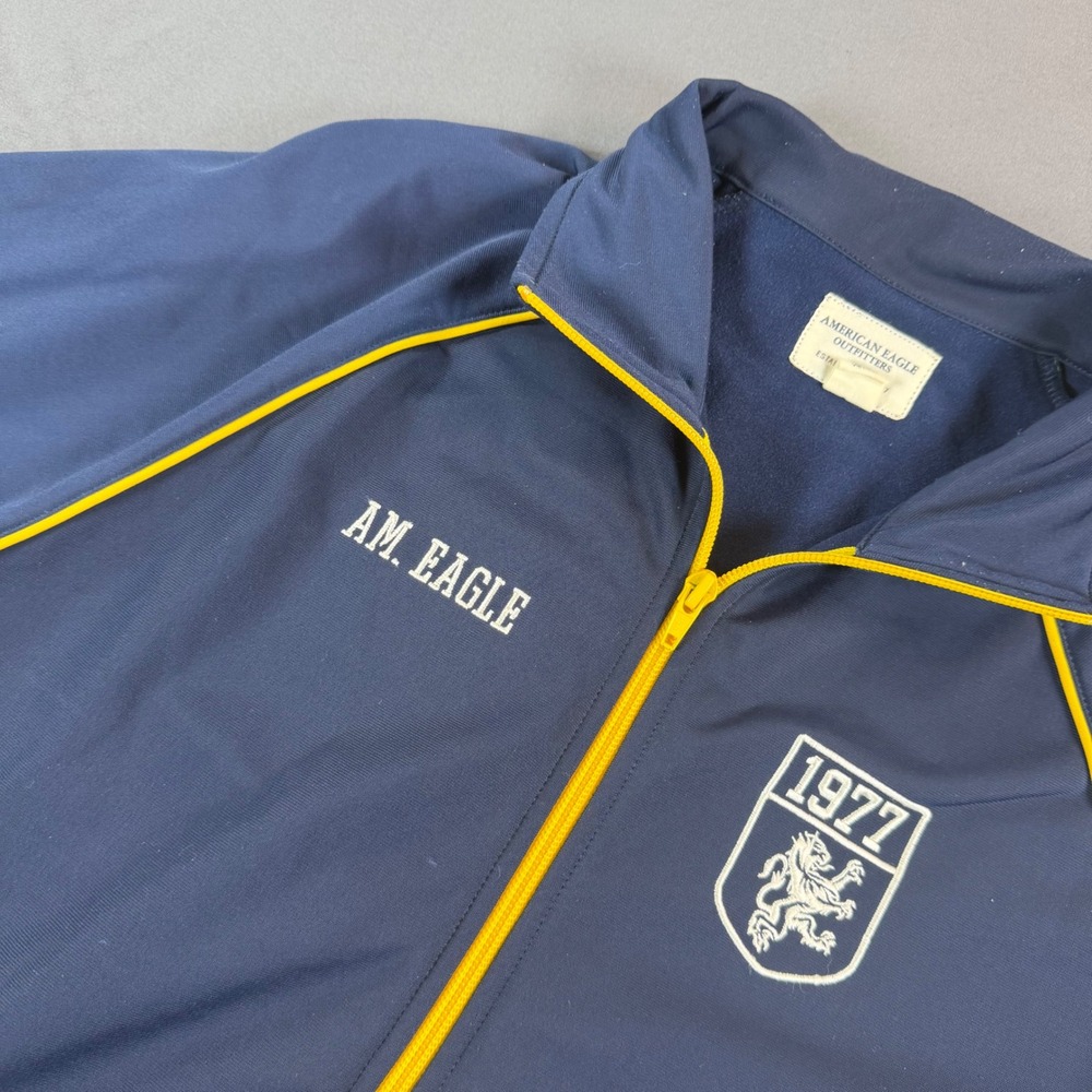 American Eagle Mens Navy Blue Yellow 1977 Crest Full Zip Track Jacket XS